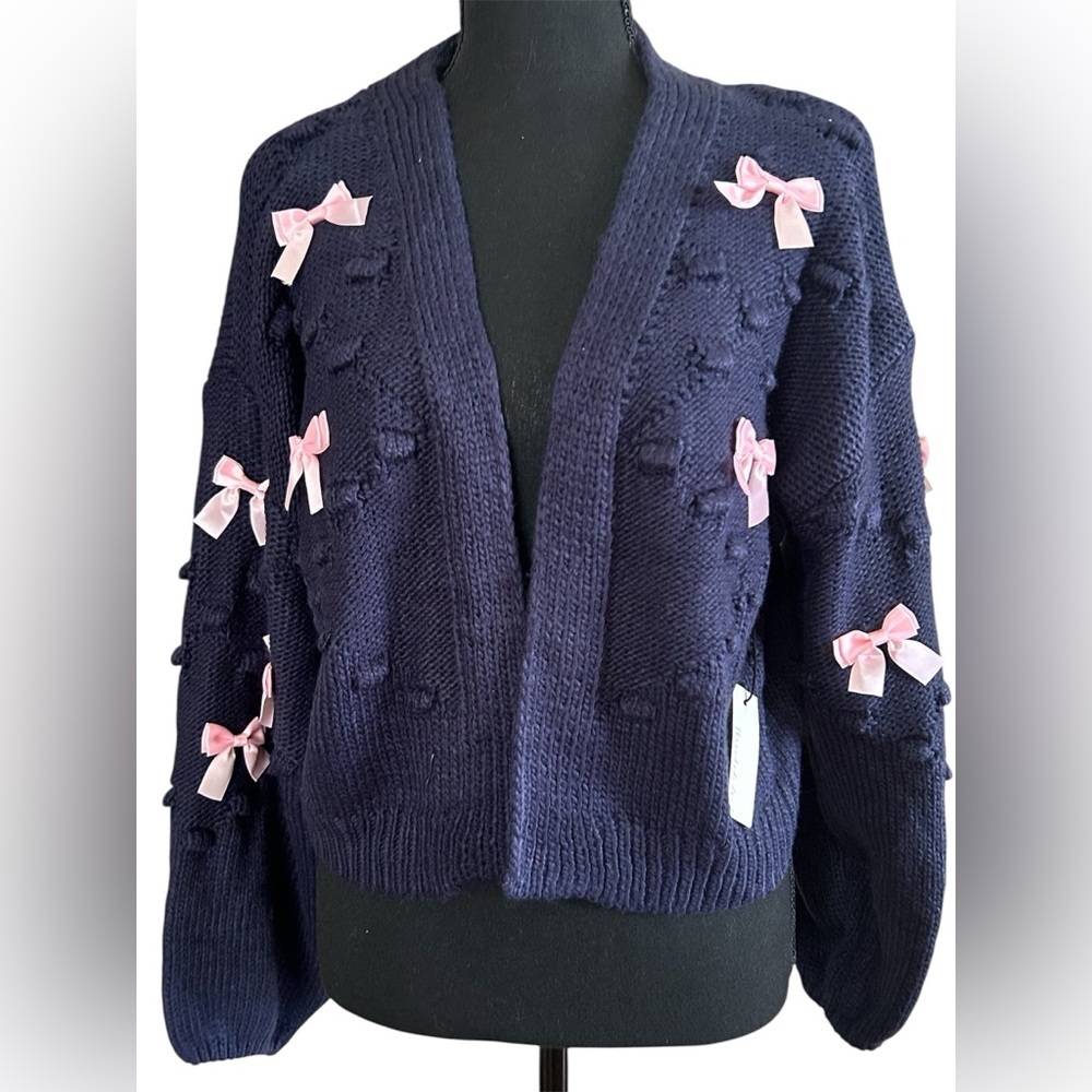 Threaded Leaf Navy Bow Knit Cardigan Coquette Cropped Sweater Size Large
